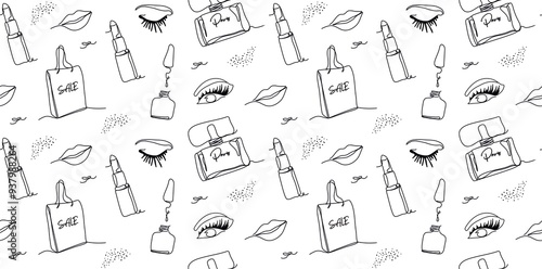 Elegant one-line seamless background with the image of fashionable elements. eyes, lips, lipstick, a dot in a minimalist style. Fashionable illustration for print, paper. cosmetic, banner. art naive  