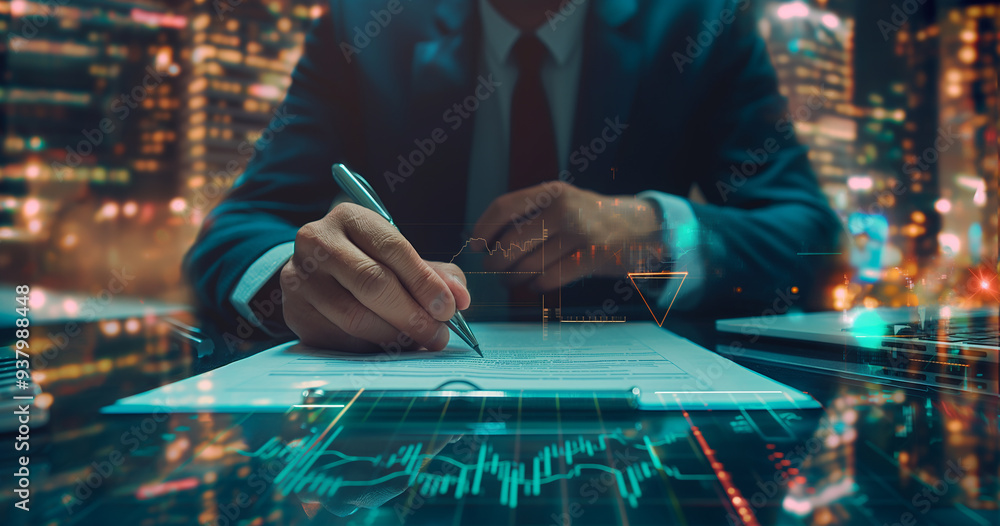 custom made wallpaper toronto digitalBusinessman signing contract with financial chart hologram.
