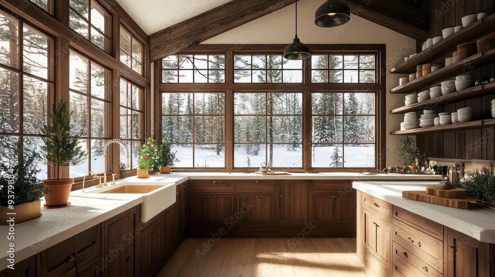 A kitchen with a lot of windows and wooden cabinets. The kitchen is very bright and has a warm, inviting atmosphere A kitchen with a lot of windows and wooden cabinets. The kitchen is very bright and has a warm, inviting atmosphere