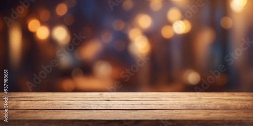 Empty wooden table with blurry warm background.