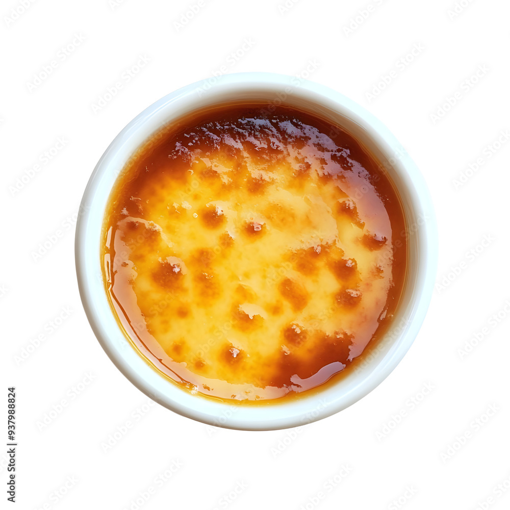 Overhead View of Caramel Custard Dessert in White Bowl. Overhead View of Caramel Custard Dessert in White Bowl.