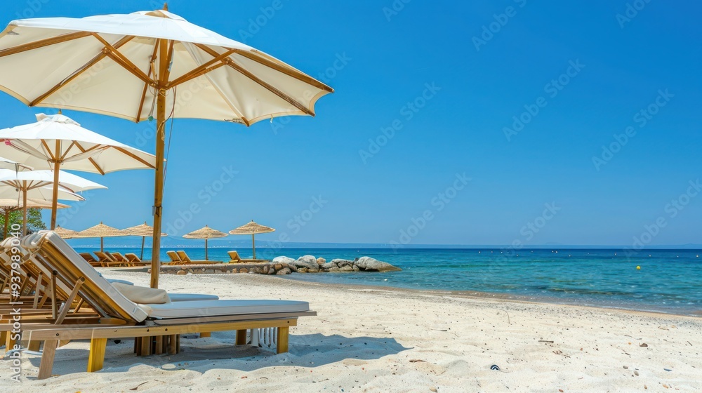 Fototapeta premium Beach holiday scene with beach chairs and umbrellas under clear blue skies