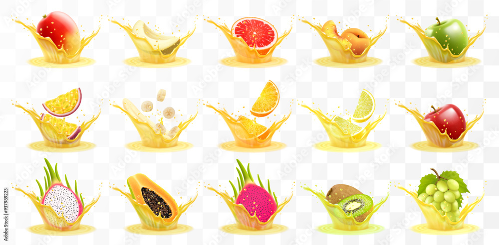 Naklejka premium Juice of Mango, melon, orange, peach, apple, passion fruit, banana, grapefruit, lemon, grape, papaya, dragon fruit, kiwi. Fresh fruits and splashes, 3d realistic vector icon set