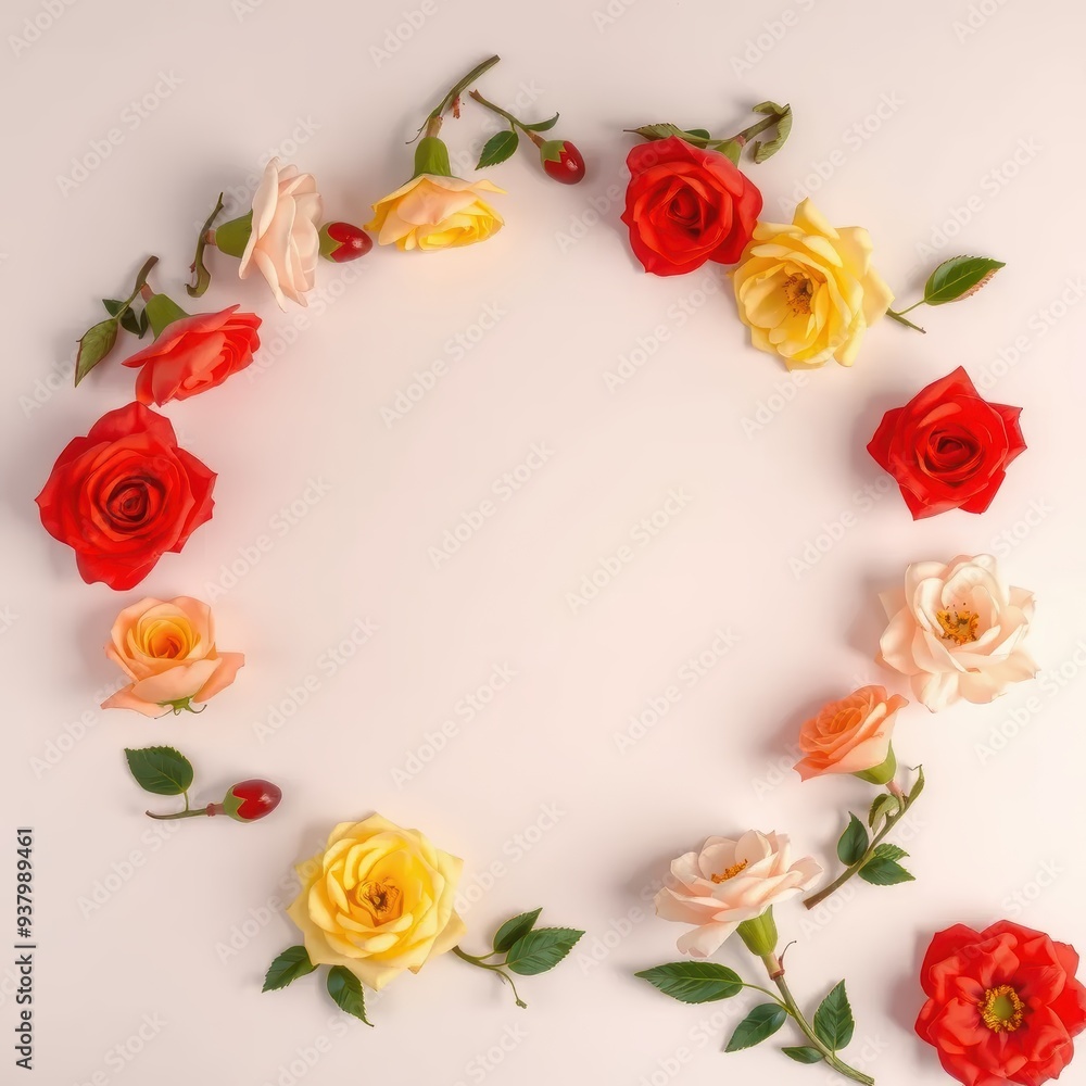 Floral Circle with Red, Yellow, and White Roses on White Background Floral Circle with Red, Yellow, and White Roses on White Background
