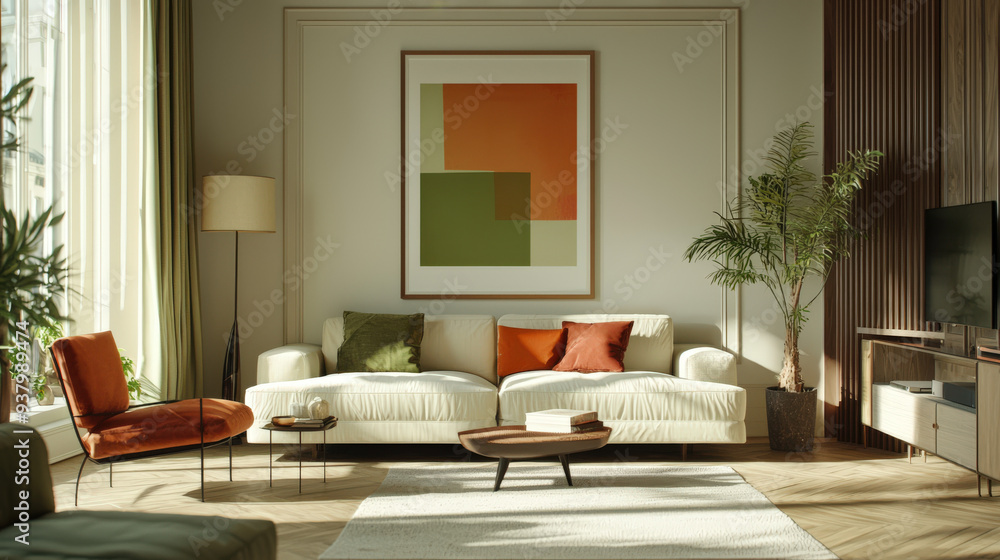 Minimalist, japandi interior design of modern living room with red armchair and wall art Minimalist, japandi interior design of modern living room with red armchair and wall art