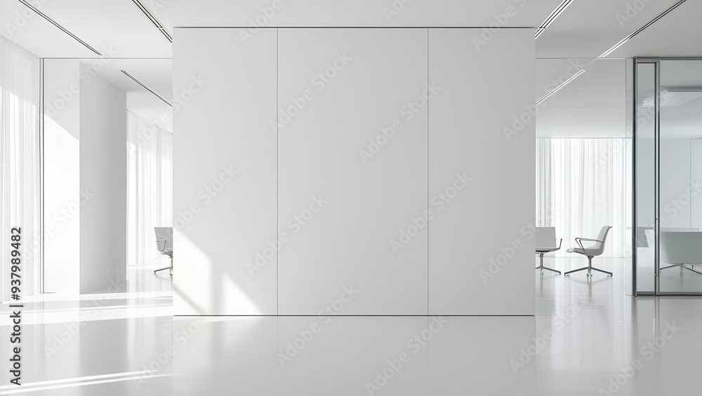 Fototapeta premium White open space office interior, mock up wall modern business empty blank banner for workplace corporate with light, comfortable desk chair and computers inside, decor area floor table