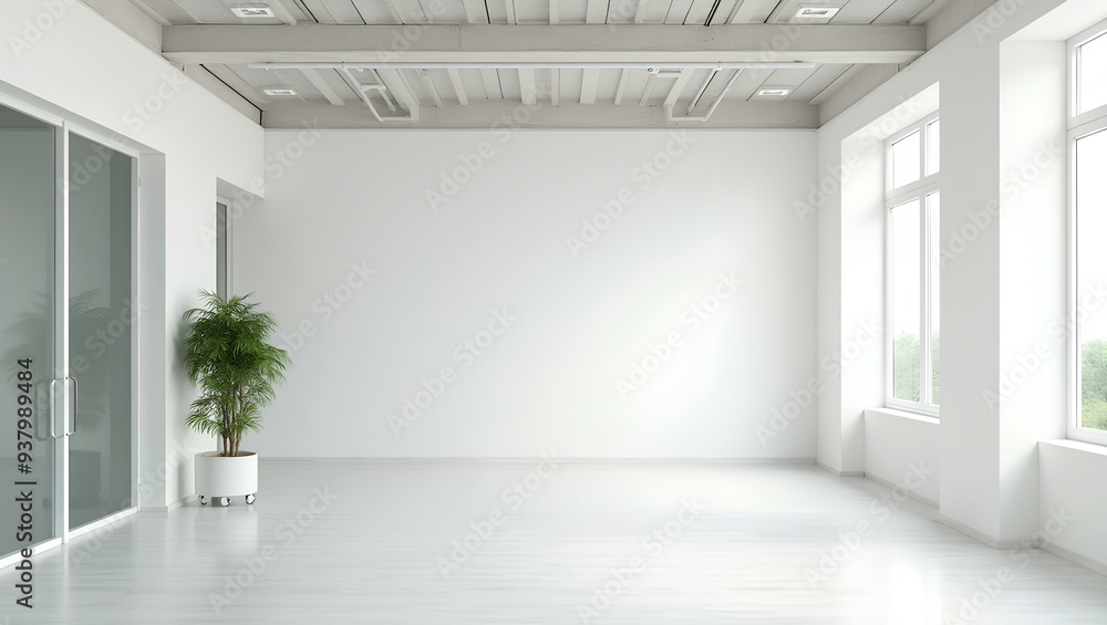 Fototapeta premium White open space office interior, mock up wall modern business empty blank banner for workplace corporate with light, comfortable desk chair and computers inside, decor area floor clean table