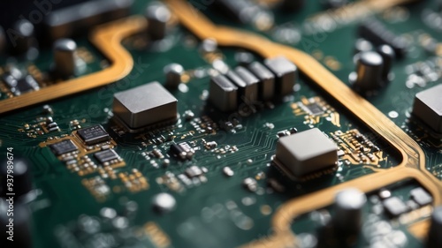 Abstract closeup of a circuit board with a processor chip. photo