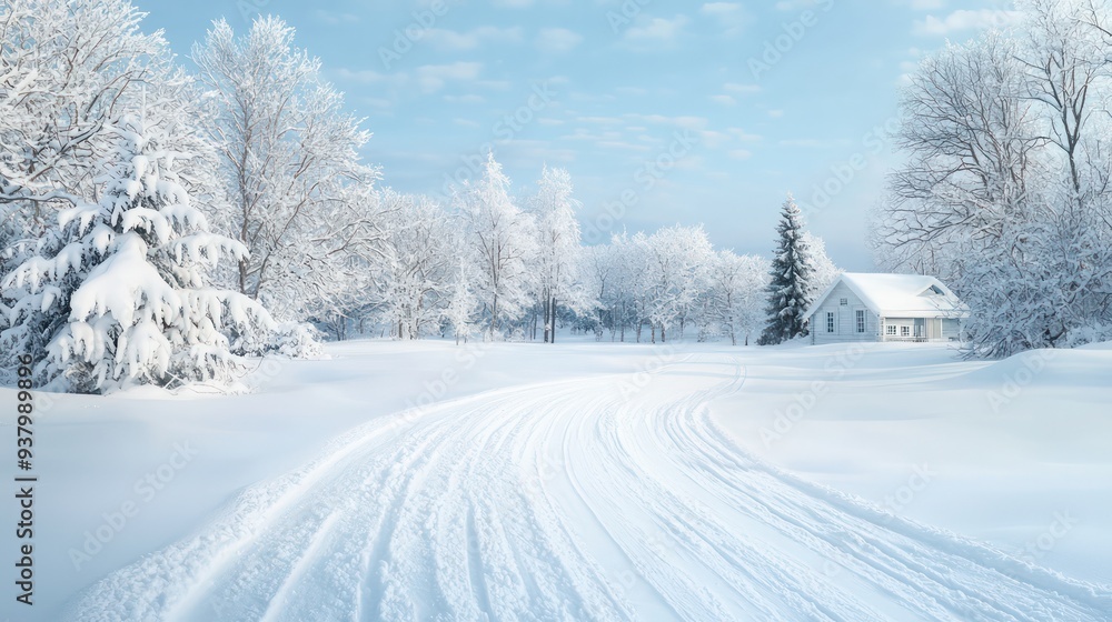 A snowy road with a house in the distance. The house is white and has a chimney. The road is covered in snow and has tracks in it. The sky is blue and there are no clouds. The scene is peaceful A snowy road with a house in the distance. The house is white and has a chimney. The road is covered in snow and has tracks in it. The sky is blue and there are no clouds. The scene is peaceful