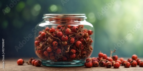 Dried hawthorn berries in a glass jar, Chinese herb, used in teas and medicines. photo