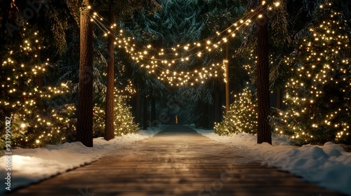 A walkway with Christmas lights and trees. Scene is festive and joyful