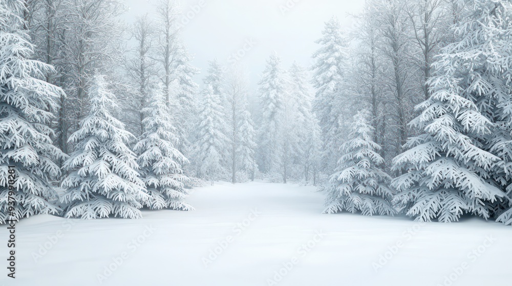 Naklejka premium A snowy forest with trees covered in snow. The scene is peaceful and serene