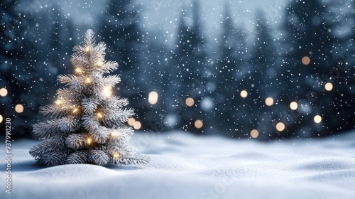 Wallpaper Mural A small white Christmas tree is lit up in the snow. The scene is peaceful and serene, with the tree standing out against the white snow Torontodigital.ca