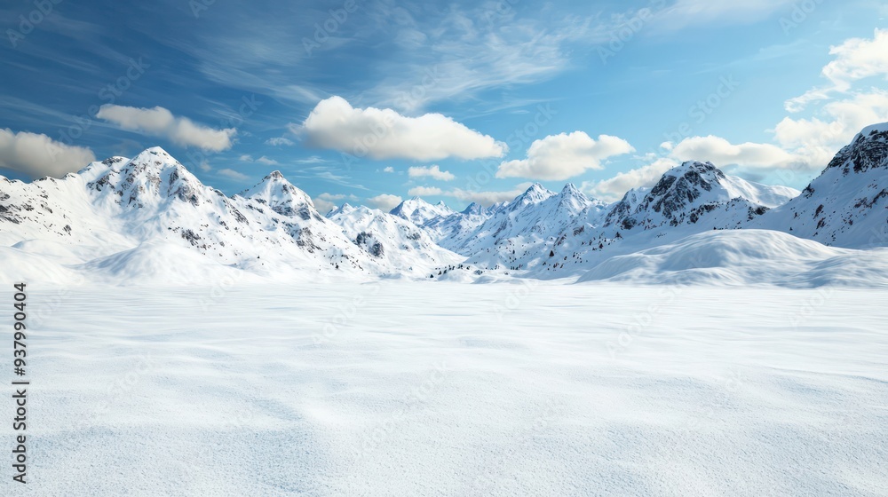 A snowy mountain range with a clear blue sky. The mountains are covered in snow and the sky is filled with clouds. The scene is peaceful and serene, with the mountains towering over the vast A snowy mountain range with a clear blue sky. The mountains are covered in snow and the sky is filled with clouds. The scene is peaceful and serene, with the mountains towering over the vast