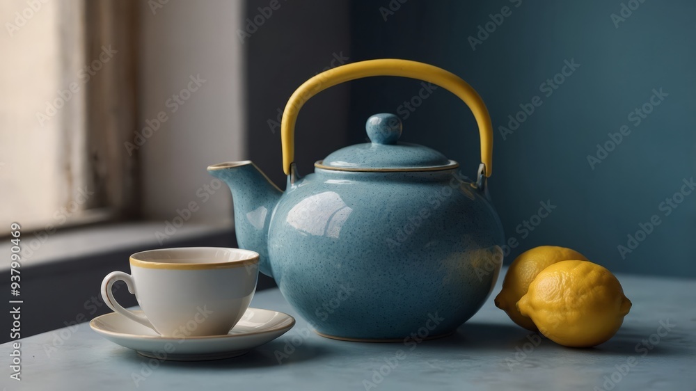 Aesthetic composition of a blue teapot with yellow cups and lemon tea with lemon Pastel colors, minimalism. Aesthetic composition of a blue teapot with yellow cups and lemon tea with lemon Pastel colors, minimalism.