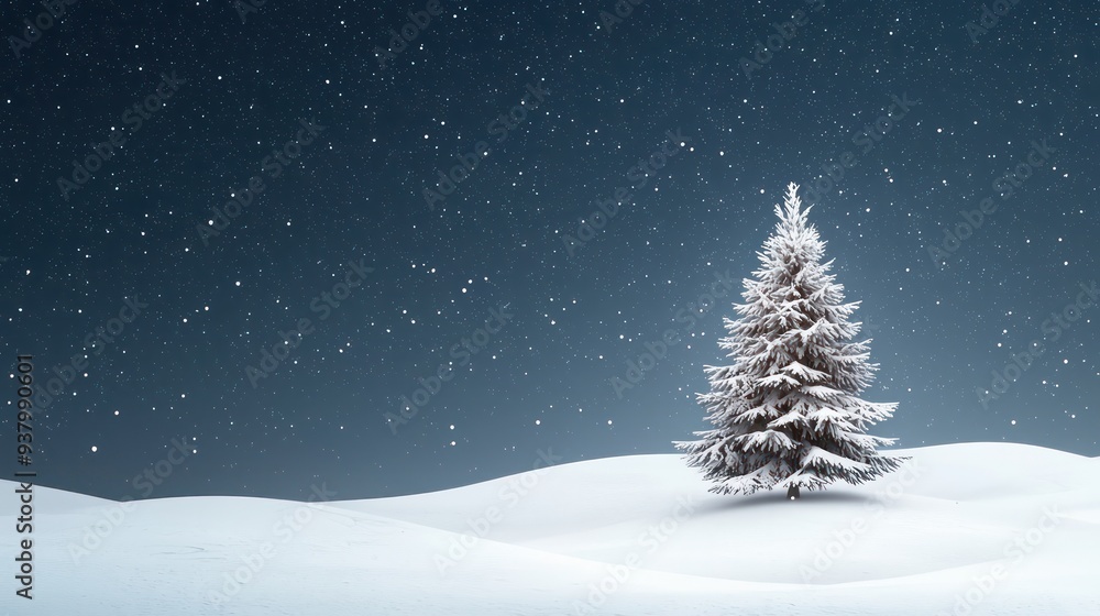 A Christmas tree is standing in the snow on a hill. The sky is dark and the snow is falling A Christmas tree is standing in the snow on a hill. The sky is dark and the snow is falling