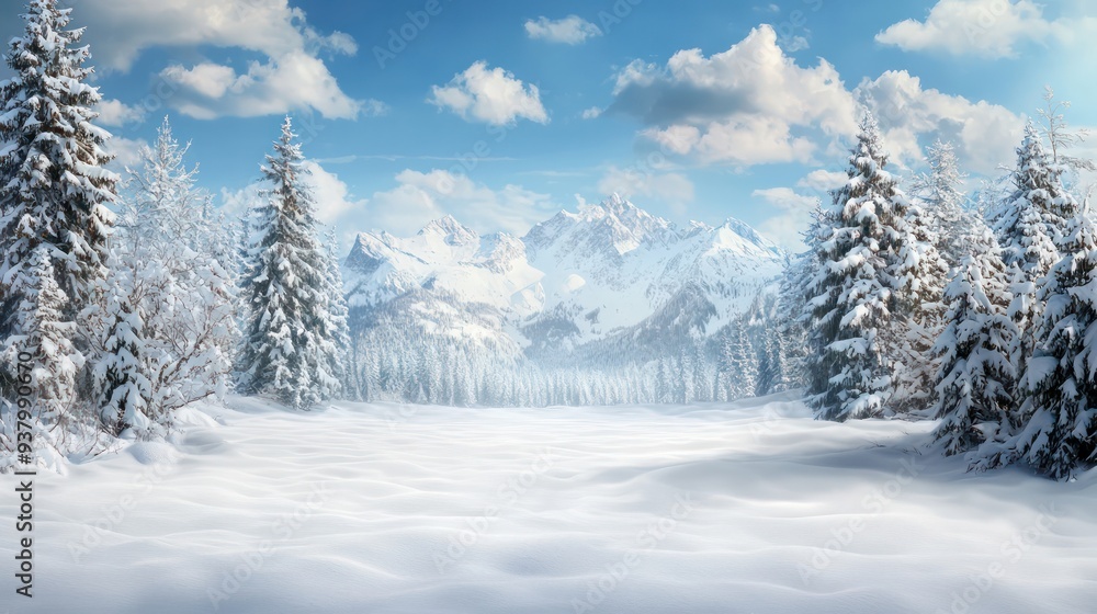 Fototapeta premium A snowy landscape with a mountain range in the background. The scene is peaceful and serene, with the snow-covered trees and mountains creating a sense of calmness and tranquility