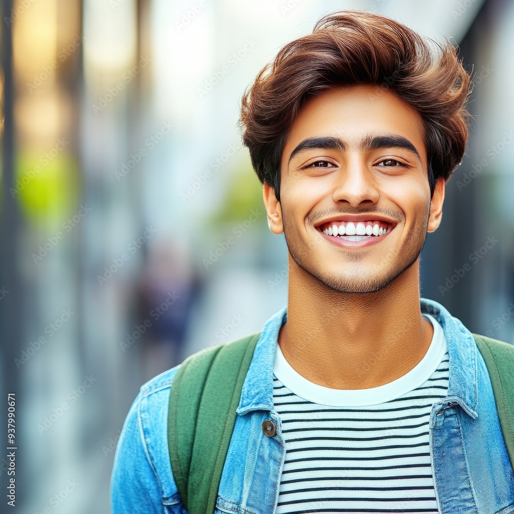 Young Asian man with a bright smile walking through a bustling city street during sunny weather, showcasing a casual denim jacket and green backpack Young Asian man with a bright smile walking through a bustling city street during sunny weather, showcasing a casual denim jacket and green backpack