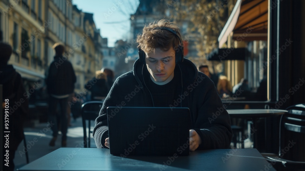 Focused Digital Nomad Working at an Outdoor Café with Laptop and Headphones Focused Digital Nomad Working at an Outdoor Café with Laptop and Headphones