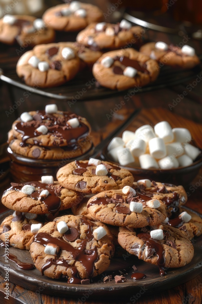 A plate of chocolate chip cookies with marshmallows on top A plate of chocolate chip cookies with marshmallows on top