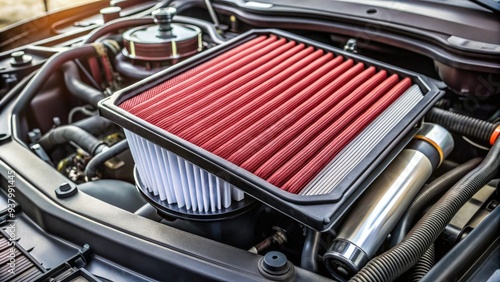 A clean air filter is installed in a well-maintained car engine, showcasing the importance of regular maintenance for optimal vehicle performance and longevity. photo