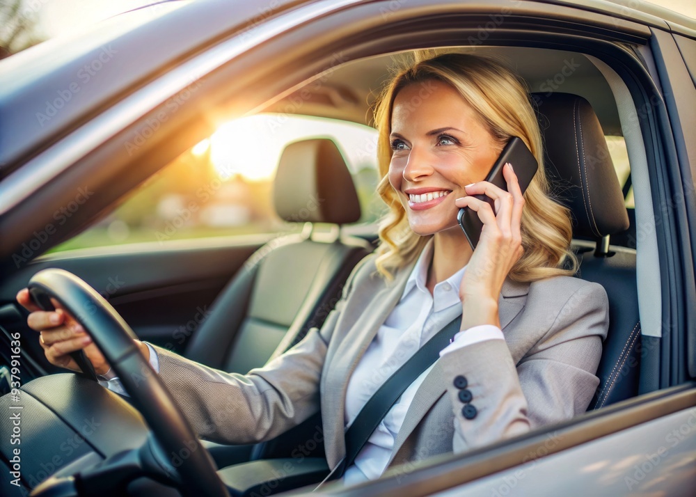 Professional woman driving car while engaged in phone call, discussing work projects, client updates, and job tasks during daily commute to office, balancing work and life. Professional woman driving car while engaged in phone call, discussing work projects, client updates, and job tasks during daily commute to office, balancing work and life.