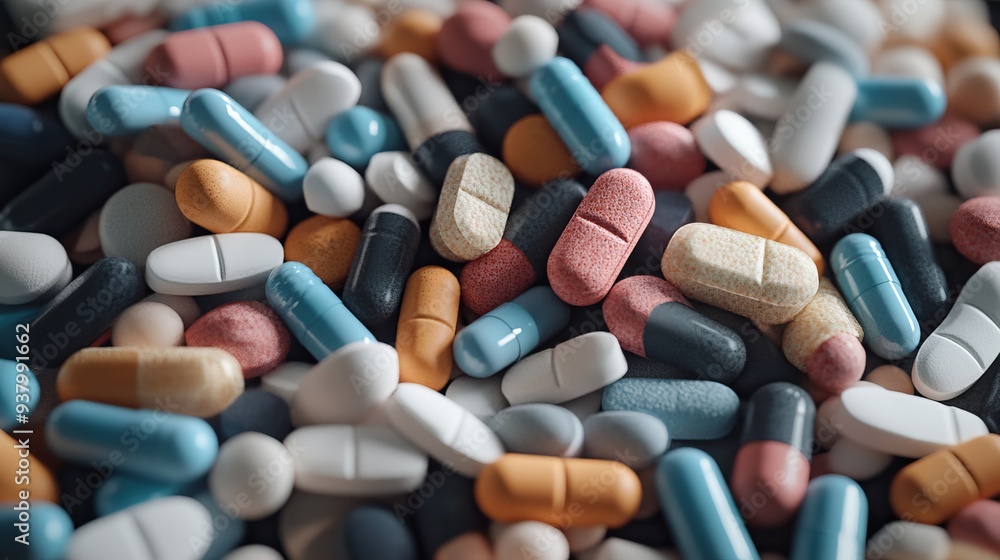 Mixed medication tablets and capsules displayed on a surface. Mixed medication tablets and capsules displayed on a surface.