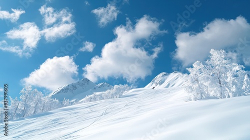 A snowy mountain range with a clear blue sky. The clouds are white and fluffy. The snow is white and covers the ground