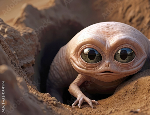 Strange little alien grub creature crawling out of a hole in sand