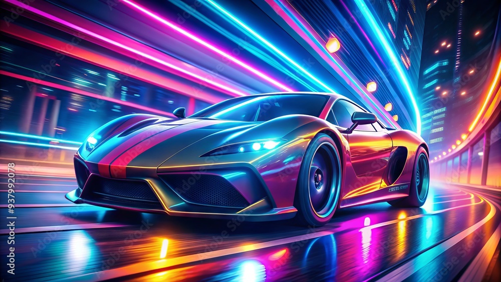 Racing wheels spin and lights blur as a sleek, high-tech sports car zooms around a futuristic neon-lit track in a fast-paced, action-packed video game. Racing wheels spin and lights blur as a sleek, high-tech sports car zooms around a futuristic neon-lit track in a fast-paced, action-packed video game.