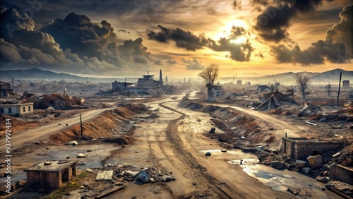 Ravaged landscape with cratered earth and debris-strewn roads, conveying devastation and chaos, perfect for conveying the aftermath of war, natural disaster, or conflict. photo