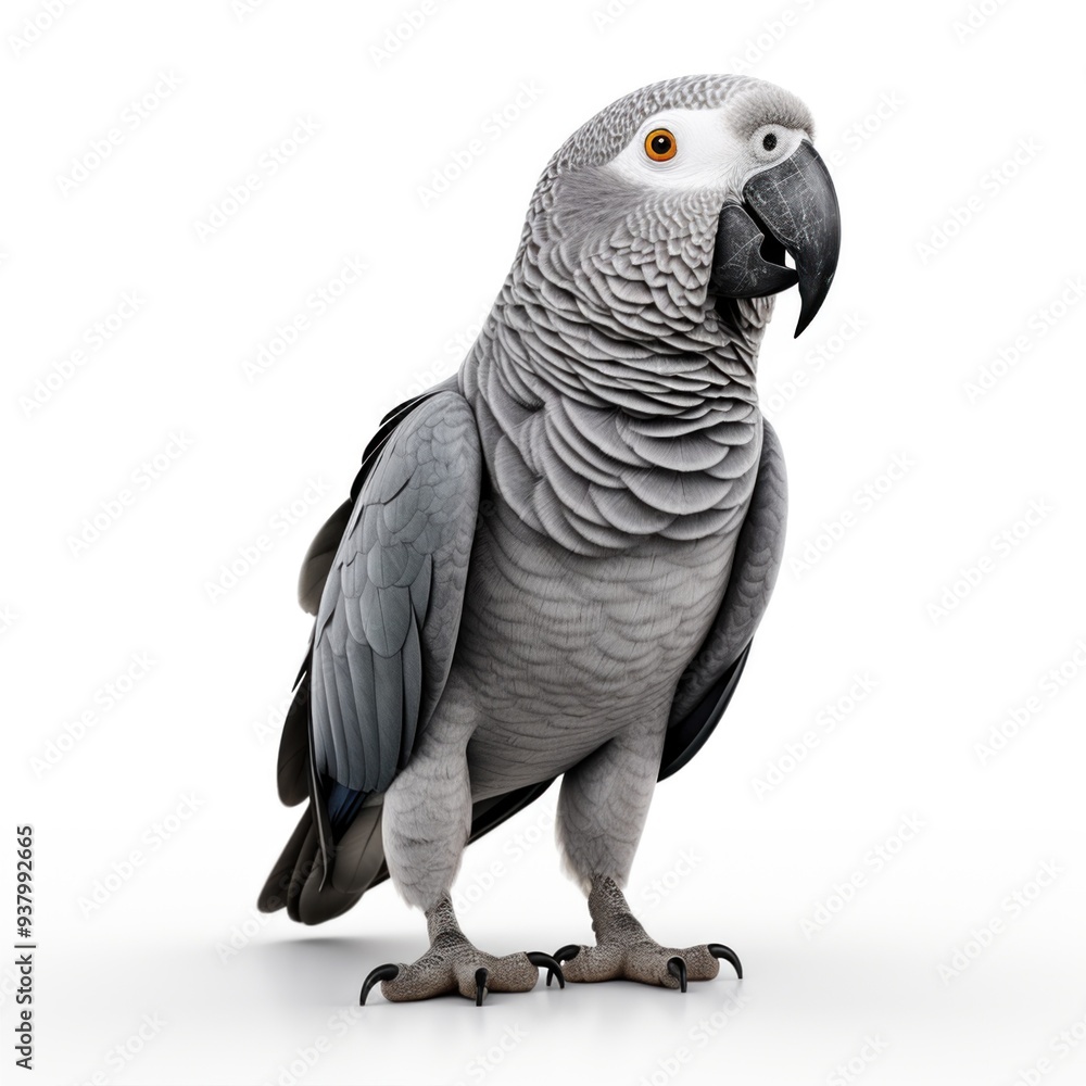 Fototapeta premium A closeup view of a majestic gray parrot showcasing its striking and beautiful features isolated on white background