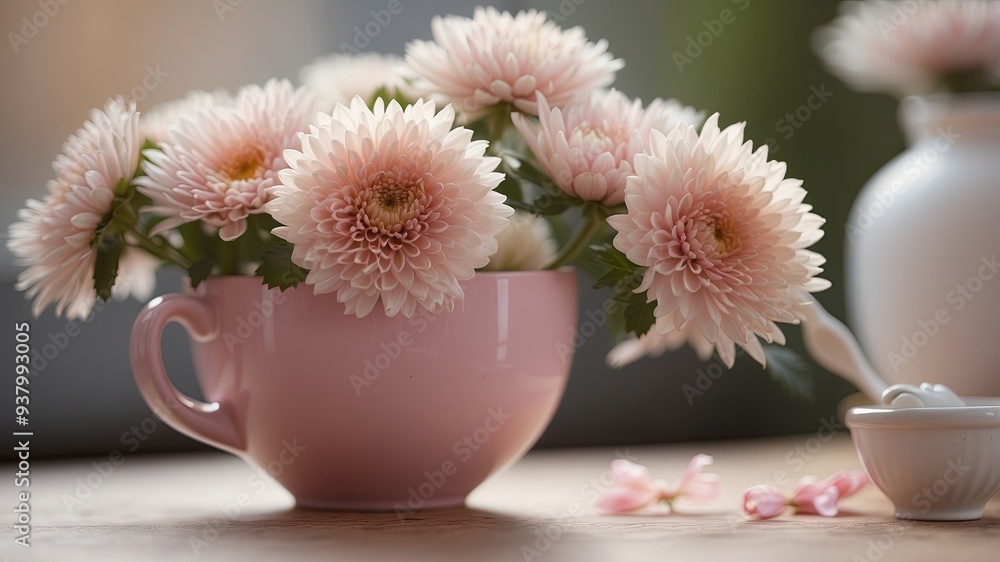 Pink and white chrysanthemums in a pink cup. Pink and white chrysanthemums in a pink cup.