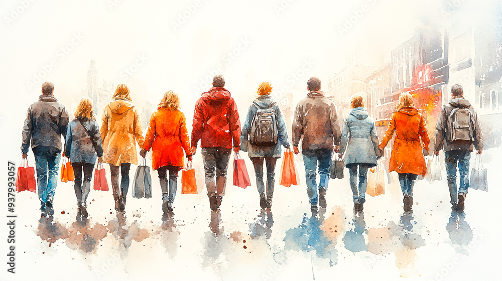 Obraz premium Serene Shopping Day: Friends and Families in Soft Watercolor Style