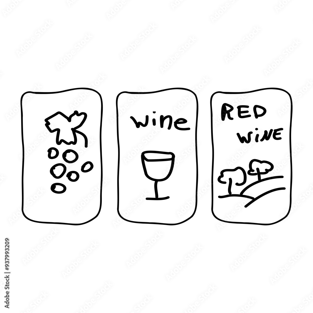 A simple illustration showing grapes, a wine glass, and a landscape with the phrase red wine during a winery tour A simple illustration showing grapes, a wine glass, and a landscape with the phrase red wine during a winery tour