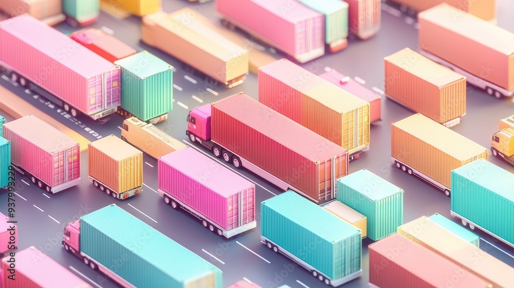 3D rendering, top view, logistics network, import-export, pastel color and flat design for trade 3D rendering, top view, logistics network, import-export, pastel color and flat design for trade