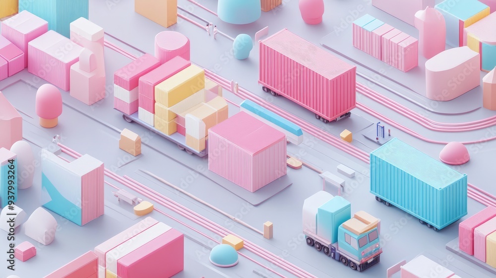 3D rendering, top view, logistics network, import-export, pastel color and flat design for trade 3D rendering, top view, logistics network, import-export, pastel color and flat design for trade