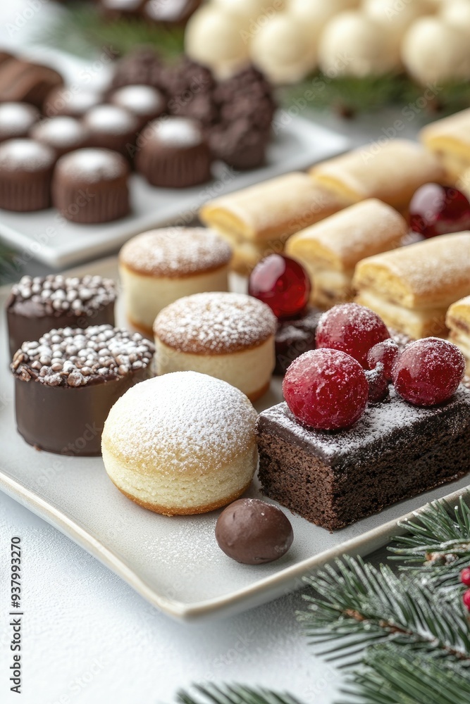 A delightful surprise of holiday treats and sweets laid out on a festive table, inviting everyone to indulge A delightful surprise of holiday treats and sweets laid out on a festive table, inviting everyone to indulge