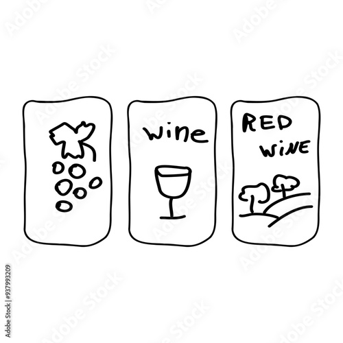 A simple illustration showing grapes, a wine glass, and a landscape with the phrase red wine during a winery tour