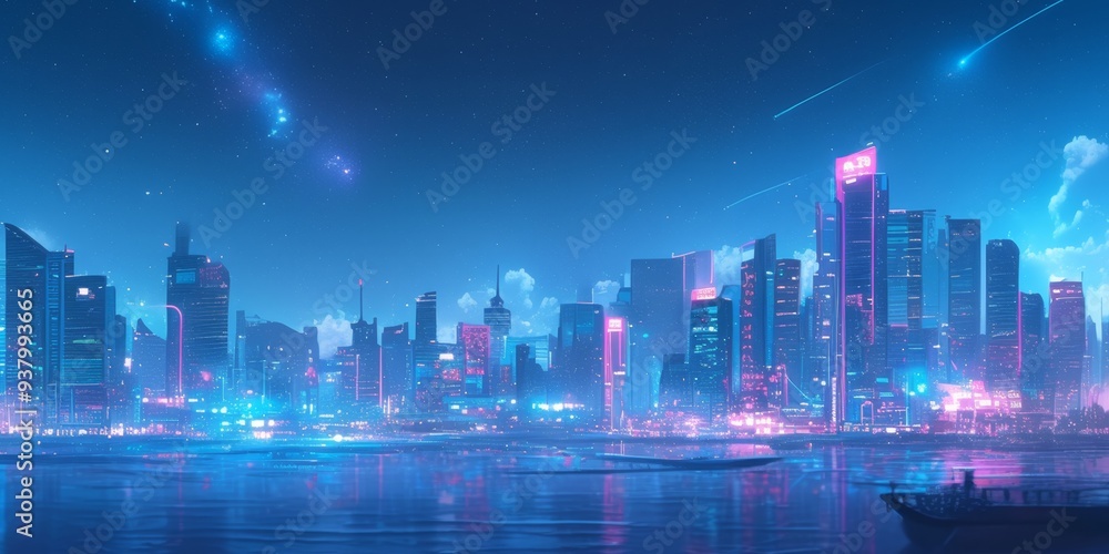Fototapeta premium Anime-Inspired Cityscape at Night: Vibrant Autumn Urban Skyline with Glowing Skyscrapers Mirrored in River. Dreamy Cosmic Background with Twinkling Stars and Nebula in Rich Blues and Purples. AI-Gener