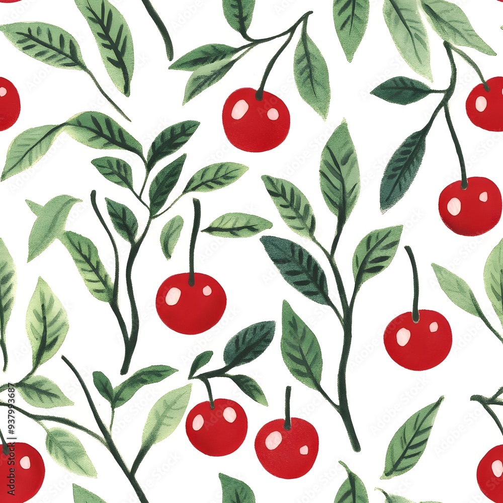 seamless pattern background of a whimsical watercolor pattern featuring cute red cherries and green leaves on a crisp white background. seamless pattern background of a whimsical watercolor pattern featuring cute red cherries and green leaves on a crisp white background.