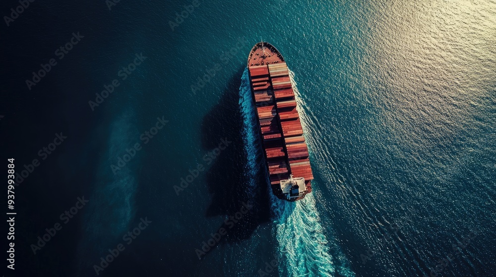Aerial perspective of a large cargo ship with a clear contrail against blue waters, Cargo Ship, Aerial,Sea Transport Aerial perspective of a large cargo ship with a clear contrail against blue waters, Cargo Ship, Aerial,Sea Transport