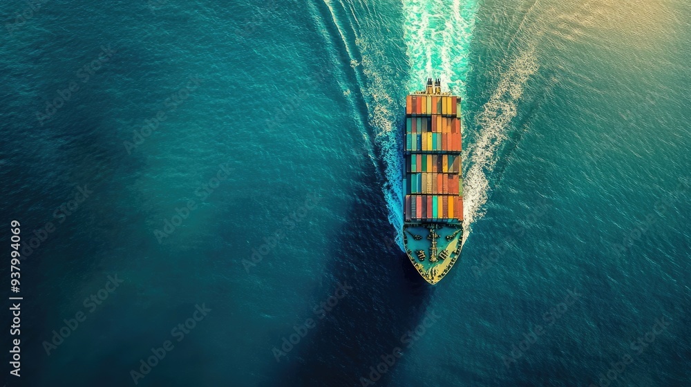 Aerial perspective of a large cargo ship with a clear contrail against blue waters, Cargo Ship, Aerial,Sea Transport Aerial perspective of a large cargo ship with a clear contrail against blue waters, Cargo Ship, Aerial,Sea Transport