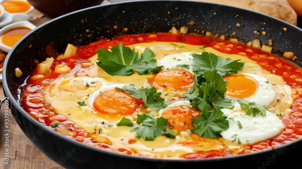 Steam rising from eggs cooking in tomato sauce with parsley Steam rising from eggs cooking in tomato sauce with parsley