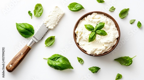 Delicious Ricotta Cream Cheese with Fresh Basil and Knife Isolated on White Background photo