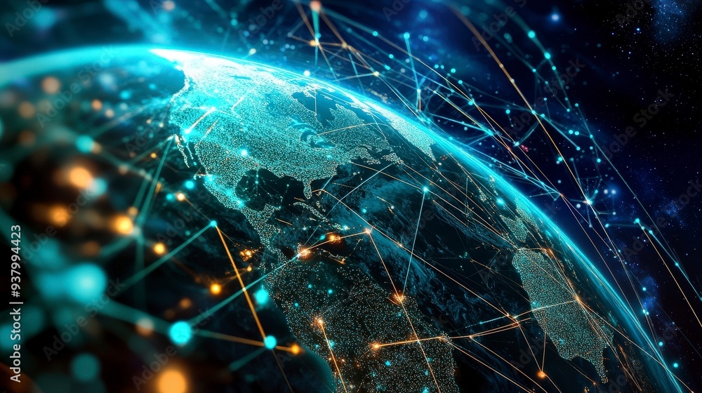 A digital network of lines connects cities around the world on a glowing blue Earth. A digital network of lines connects cities around the world on a glowing blue Earth.
