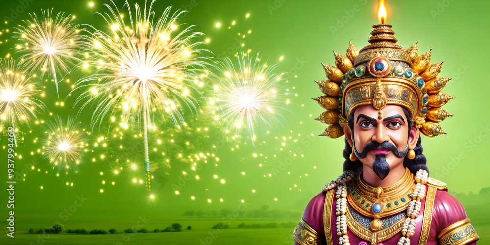 Holographic Effigy and Firework with Triumph Text concept as A dynamic photo featuring a glowing holographic effigy of Ravana with fireworks in the background. The design includes generous copy space Holographic Effigy and Firework with Triumph Text concept as A dynamic photo featuring a glowing holographic effigy of Ravana with fireworks in the background. The design includes generous copy space