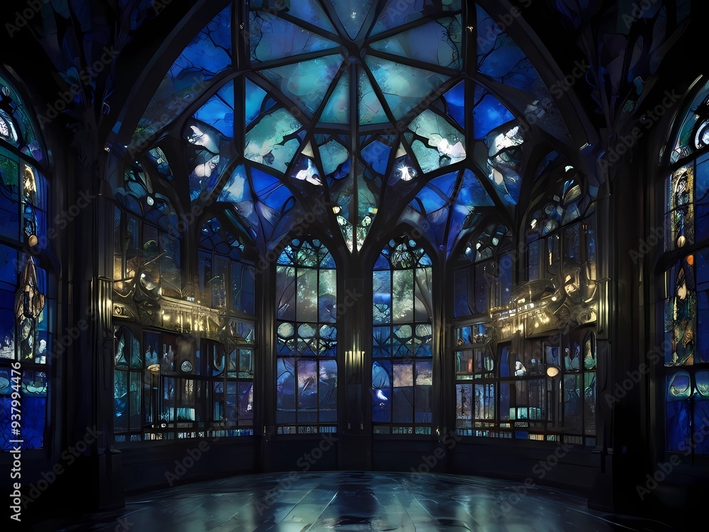 Fototapeta premium ゲーム背景 万華鏡のように壮大なステンドグラスがある宮殿ホールの屋根を見上げる風景 