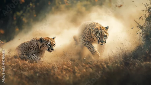 Obraz Zaskakujące ujęcie przedstawiające parę dużych kotów w ich naturalnym środowisku.