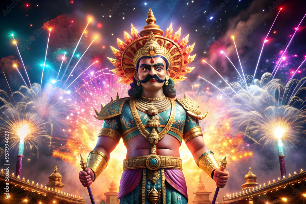 Holographic Effigy and Firework with Triumph Text concept as A dynamic photo featuring a glowing holographic effigy of Ravana with fireworks in the background. The design includes generous copy space Holographic Effigy and Firework with Triumph Text concept as A dynamic photo featuring a glowing holographic effigy of Ravana with fireworks in the background. The design includes generous copy space